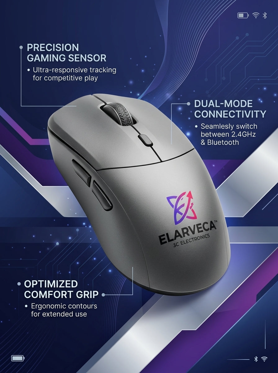 Elarveca™ VectorShift Dual-Mode Wireless Gaming Mouse – Precision Gaming Sensor, 2.4GHz & Bluetooth Connectivity, Ergonomic Comfort Grip & Responsive Multi-Device Control