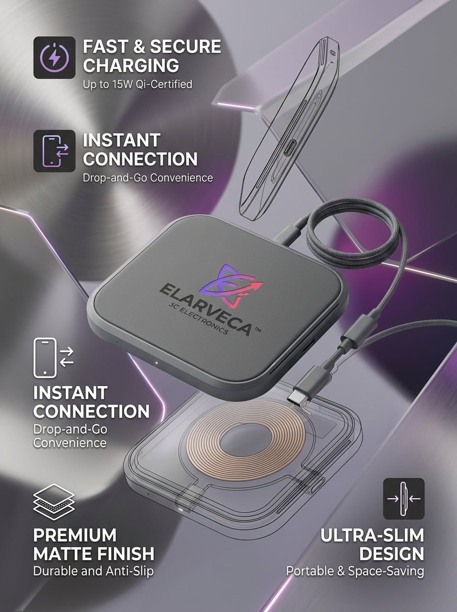 Elarveca™ GlideCharge 15W Ultra-Slim Wireless Charging Pad – Fast Qi-Compatible Charging, Drop-and-Go Convenience, Premium Matte Anti-Slip Finish & USB-C Powered Design