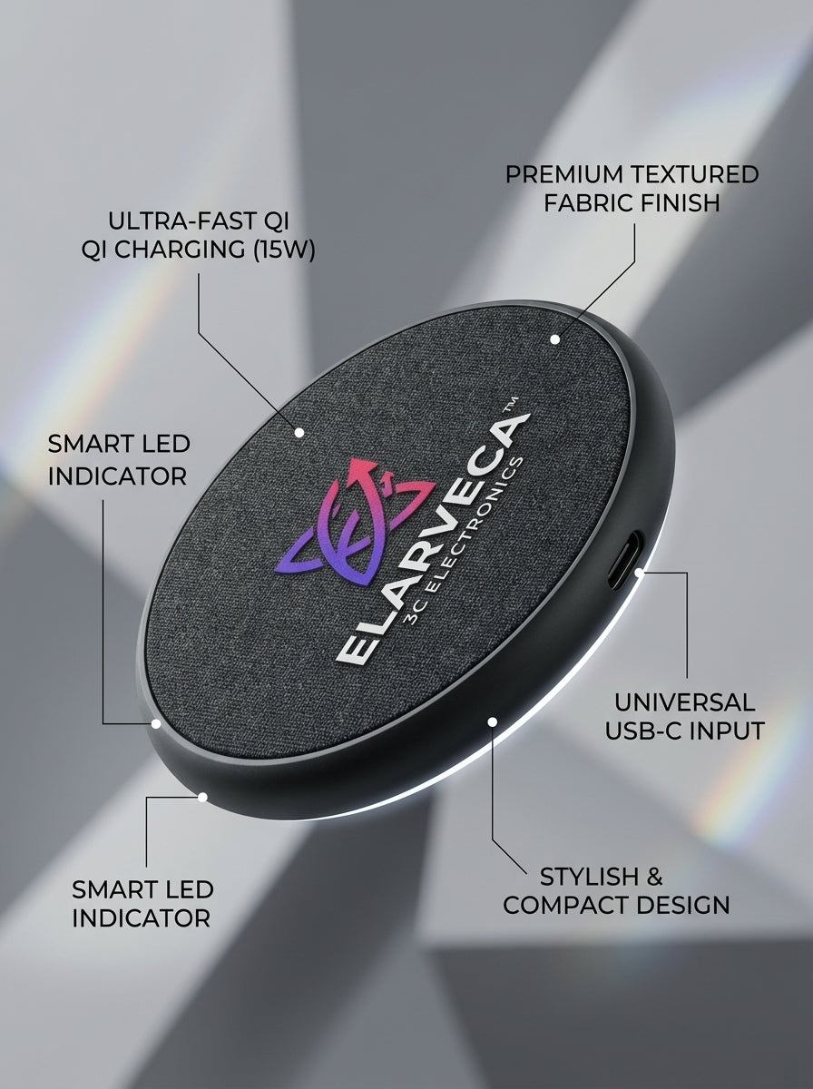 Elarveca™ LumiPad 15W Wireless Charging Pad – Fast Qi Charging with Premium Fabric Finish, USB-C Input & Smart LED Indicator