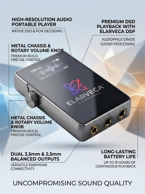 Elarveca™ Auralis Hi-Res Portable Digital Audio Player – Native DSD & PCM Decoding, Elarveca DSP, Metal Chassis, Precision Volume Control, Dual Audio Outputs & Up to 15-Hour Playback