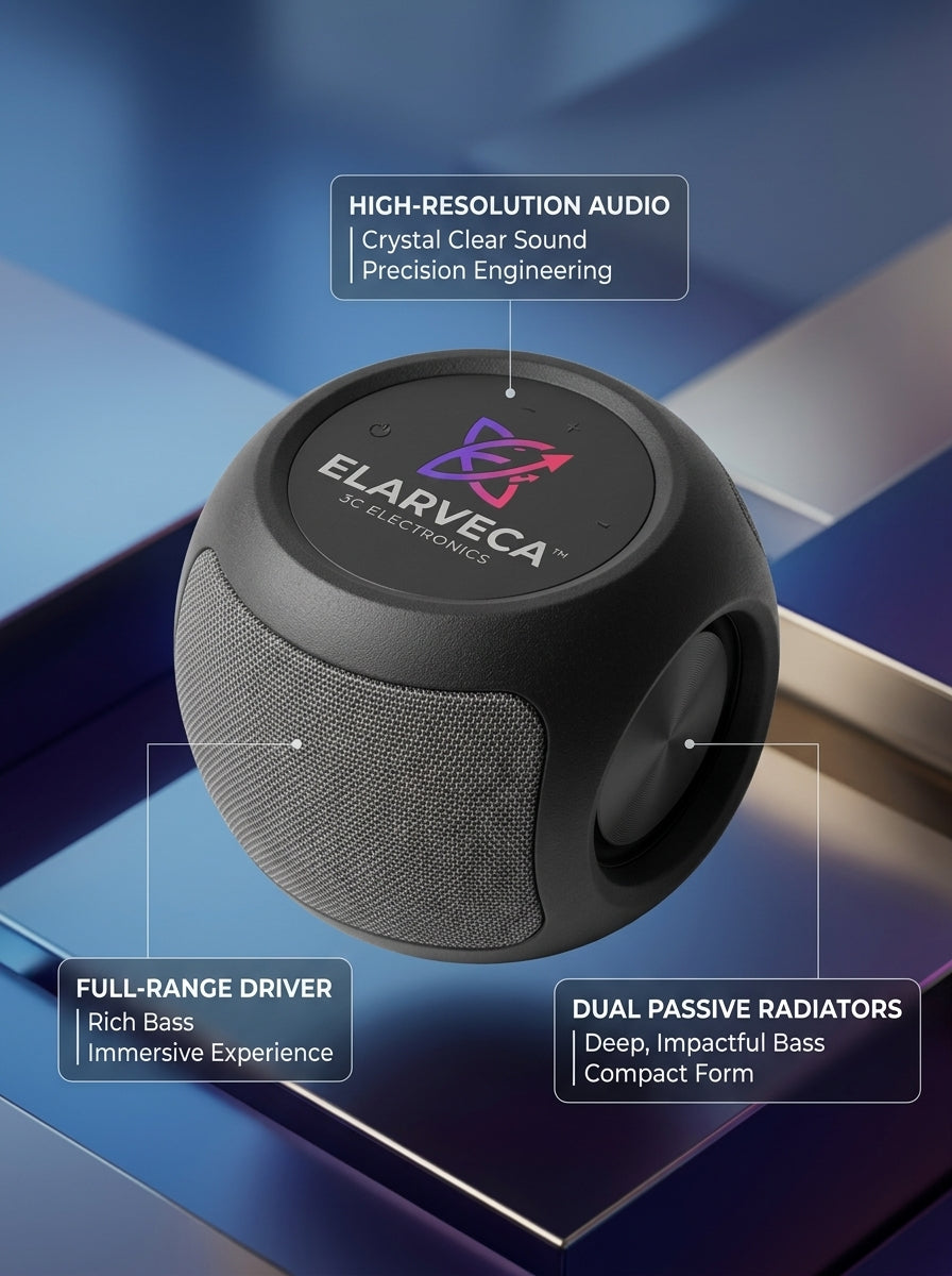 Elarveca™ Sonora Cube Portable Bluetooth Speaker – High-Resolution Audio, Full-Range Driver, Dual Passive Radiators & Compact Deep-Bass Design