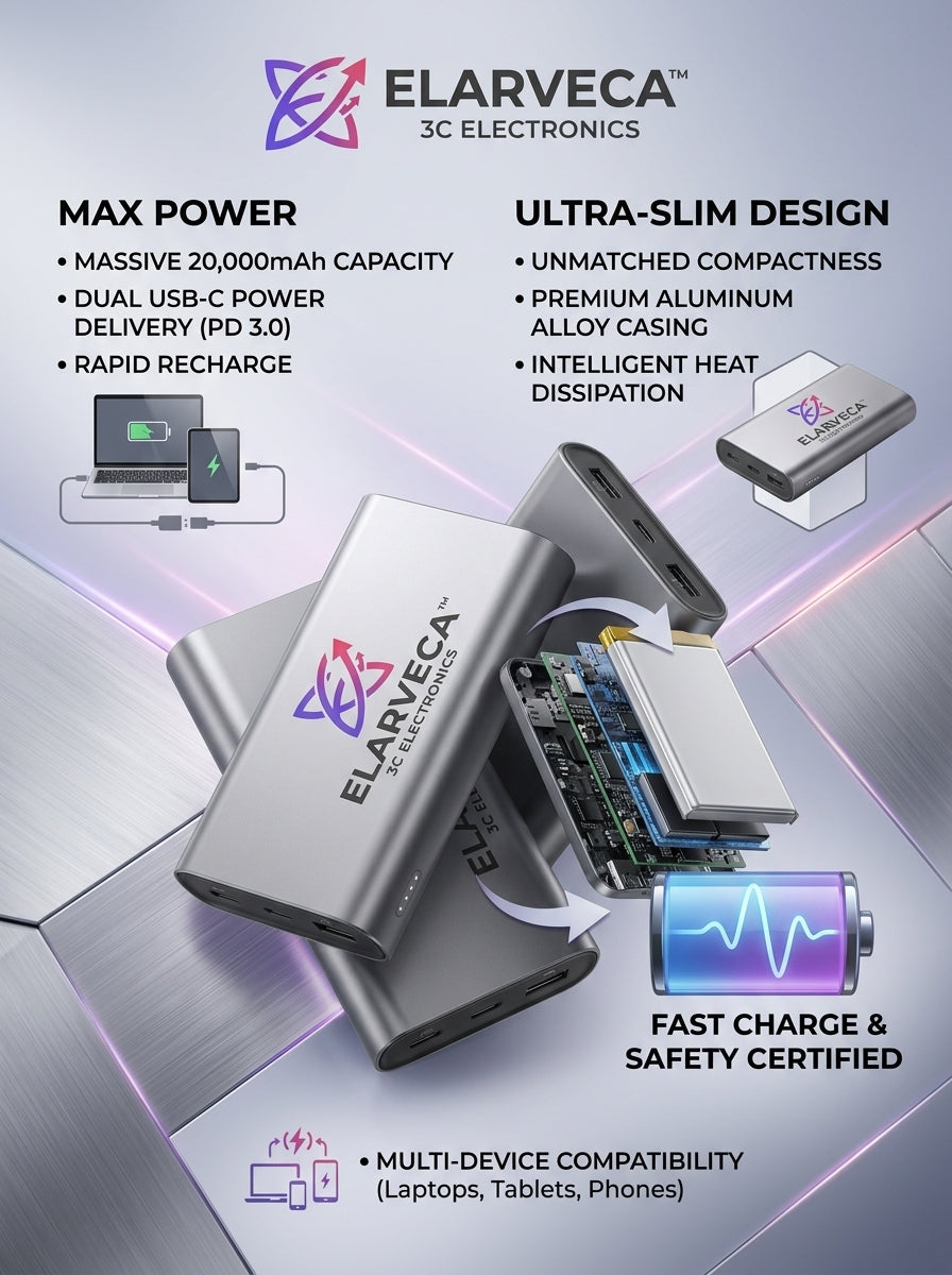Elarveca™ VoltEdge 20K Ultra-Slim Power Bank – 20,000mAh High-Capacity Portable Charger with Dual USB-C PD 3.0, Aluminum Alloy Body & Multi-Device Fast Charging