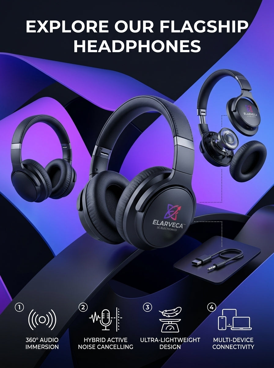 Elarveca™ VortexOne Flagship Wireless Over-Ear Headphones – 360° Immersive Audio, Hybrid Active Noise Cancelling, Ultra-Lightweight Comfort & Multi-Device Connectivity
