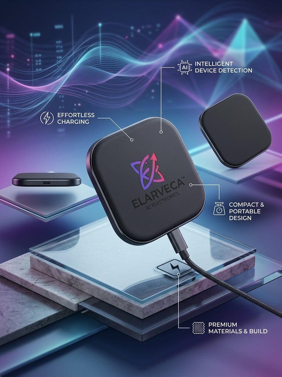 Elarveca™ PulseDock Smart Wireless Charging Pad – Intelligent Device Detection, Effortless Cable-Free Charging, USB-C Power Input & Compact Premium Design